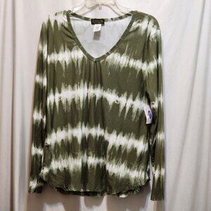 Forbidden Society Green & White Tie Dye V-Neck L/S Top Womens XL New
